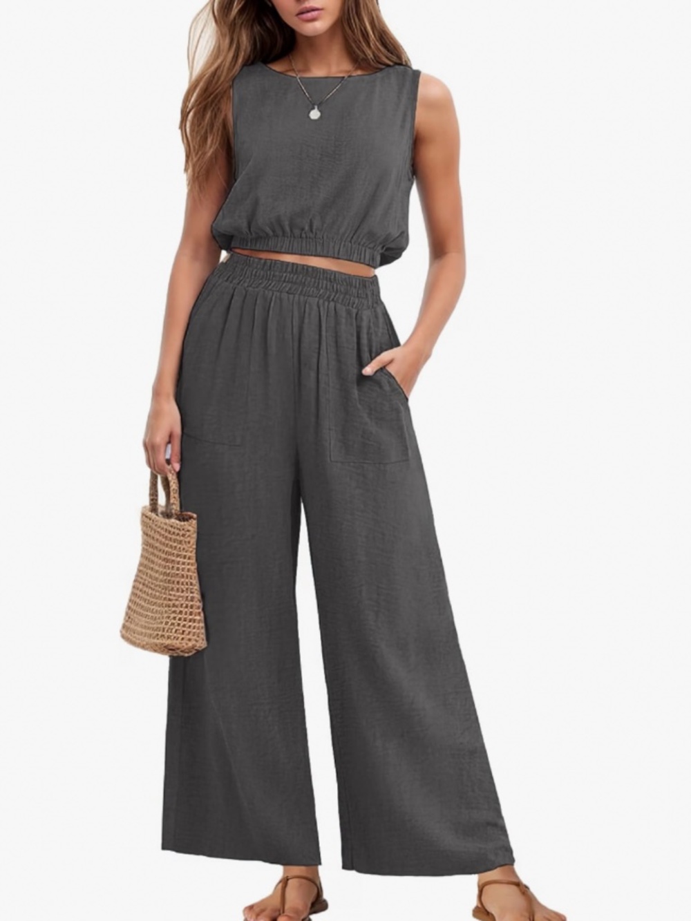 Grey/Gray Cropped Wide Leg 2 Piece Summer Set Size XL
